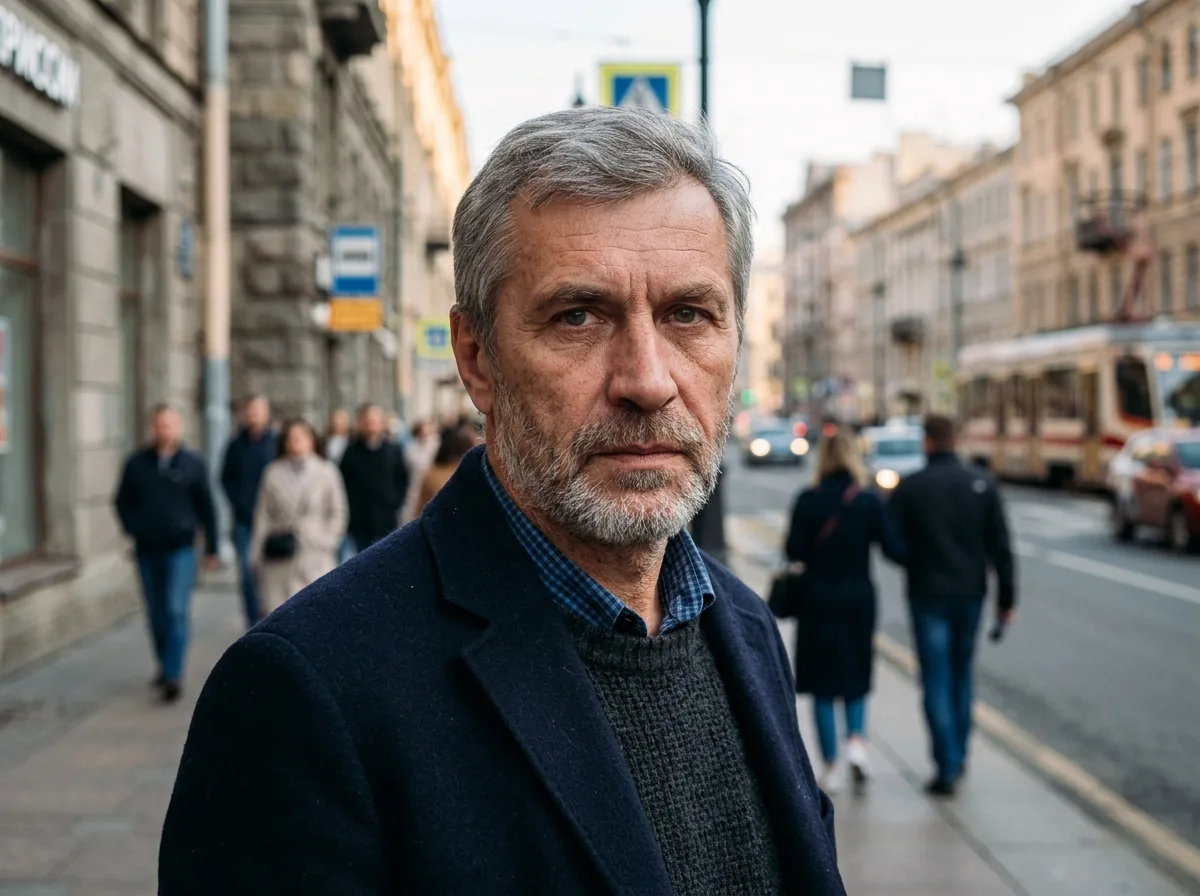 Аватар мужчины лет 50, серьёзный взгляд, городской фон, фото профиля в стиле документального